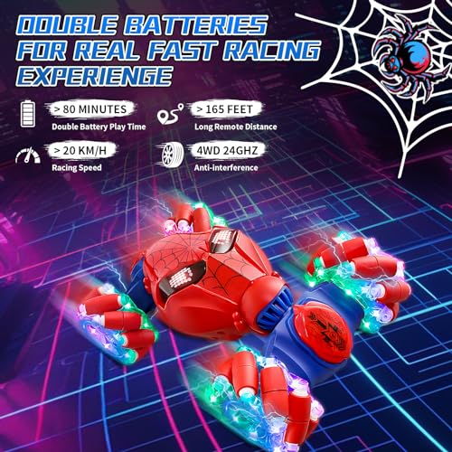 S-pider Rc Gesture Sensing Stunt Car Toys for Boys 3-14 Years Old, Drift Hand Control Remote Control Cars with Light & Music, 360°Rotation Double Side Cars Birthday Gifts for Kid Age 4 5 6 7 8 9 10 11