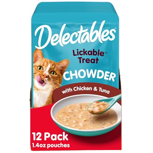 Delectables Lickable Treat Chowder Wet Cat Treat with Real Tuna & Chicken, Food Topper, Hydrating, Grain-Free, No Fillers, By-Products, Added Preservatives, 1.4oz Pouch, 12ct