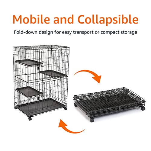 Basics Large 3-Tier Cat Cage Playpen with Easy to Clean Removable Tray, Front Doors, Portable, Foldable, 35.8" x 22.4" x 50.6", Black