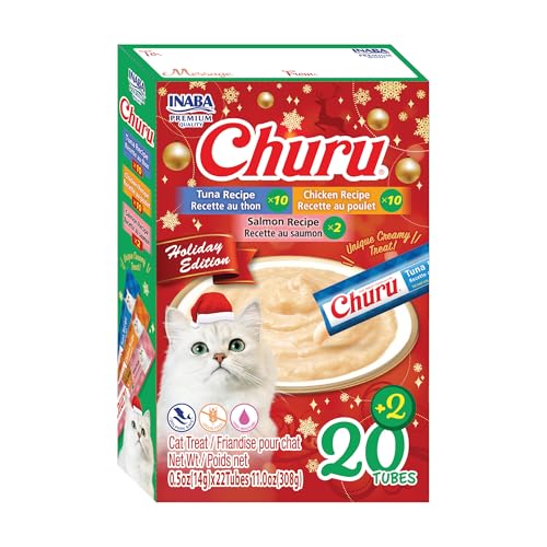 INABA Churu Cat Treats, Lickable, Squeezable Creamy Purée Cat Treat with Vitamin E, 0.5oz Each Tube, 22 Tubes, Holiday Variety Pack
