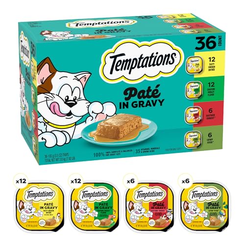 Temptations Pate in Gravy Adult Wet Cat Food Tasty Chicken Entree, Seafood Medley, Backyard Cookout, and Catnip Fever, 3.5 oz. Trays (36 Count, Pack of 1)