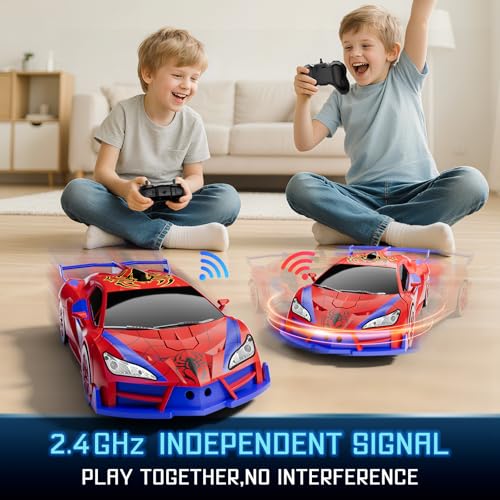 Qumcou Spider Toys, One-Button Transform Superhero Remote Control Car, 2.4Ghz RC Cars, 360° Spin 1:16 Scale Car Toys, Shining Red and Blue Light, Birthday Gifts for 3 4 5 6 7 8 9 10 Years Old Boys