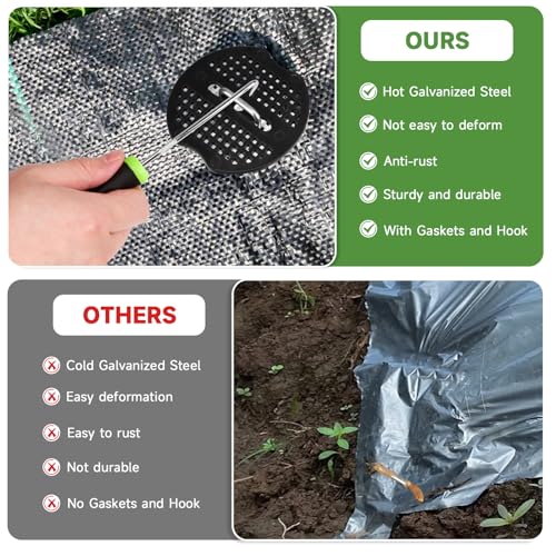 JELNER Garden Stakes,6 Inch 11 Gauge 50pcs Galvanized Landscape Staples + 50pcs Gaskets + 1Pick Hook,Tent Stakes Landscaping Fabric SOD Pins for Weed Fabric Barrier,Groud Cover,Fence