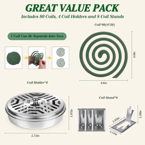 Natural Essential Oil Scented Coils for Outdoor Patio & Backyard, Fresh Long-Lasting Aroma, Each Coil Burns 5–7 Hours, Includes 80 Coils, 4 Holders & 8 Stands