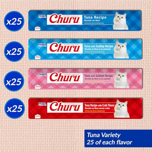 INABA Churu Cat Treats, Lickable, Squeezable Creamy Purée with Vitamin E, 0.5 Ounces per Tube, 100 Tubes Total, Tuna Variety