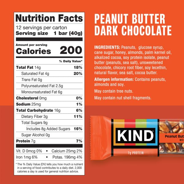 KIND Nut Bars, Peanut Butter Dark Chocolate, Healthy Snacks, Gluten Free, 8g Protein, 12 Count