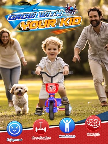 Tricycle for Toddlers 1-3 3-5 Year Olds, Spider Toddler Bike Baby Balance Bike with Colorful Lighting Wheels & Large Basket, Birthday Gift and Toy for 1 2 3 4 5 Year Olds Boys and Girls