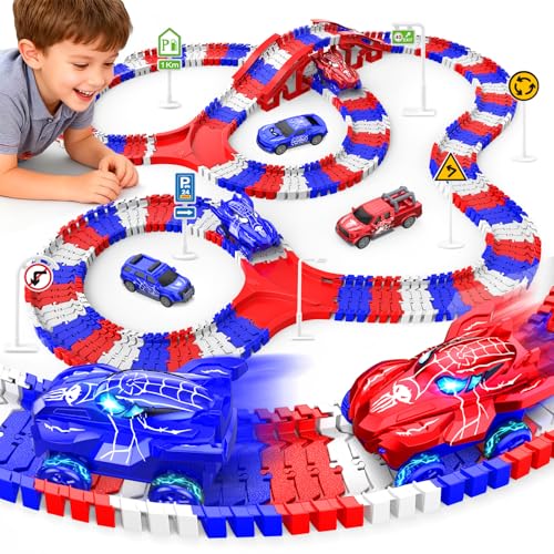 Spider Toys for Boys 4-6, Spider Race Track with 5 Cool Spider Cars Toys for Kids Boys Toddler, Flexible Car Tracks for Age 3 4 5 6 7 8 Year & Up Old Boy Girls Birthday Gifts