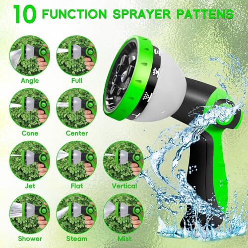 Junredy Garden Hose 25 FT, NON-EXPANDABLE Heavy-Duty Flexible & Lightweight Water Hose with 10-Function Nozzle, No-Kink, Leak-Proof Super Fabric, Solid Fittings for Lawn, Car, Outdoor (Black Green)