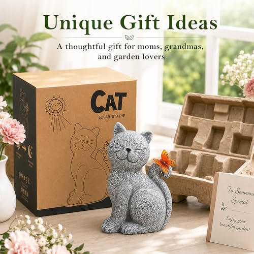 Cat Outdoor Statues for Garden with Solar Butterfly | IP65 Waterproof,Outside Decor, Yard Art Lawn Ornaments, Porch Patio Balcony Home House, Gifts for Mom Grandma Women