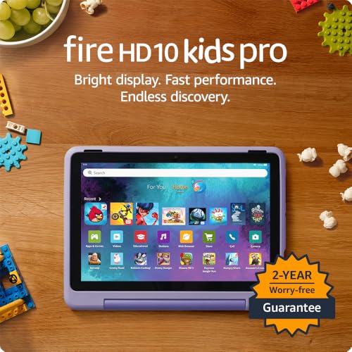Fire HD 10 Kids Pro tablet, ages 6-12. Bright 10.1" HD screen, includes ad-free content, robust parental controls, 13-hr battery and slim case for older kids, 32 GB, Happy Day