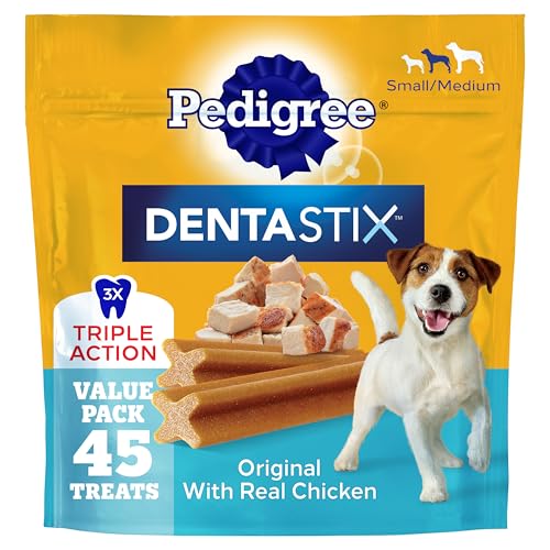 Pedigree Dentastix Small & Medium Breed Dog Treats, Original with Real Chicken, Dog Dental Treats, 21.1 oz. Bag (45 Treats Total)