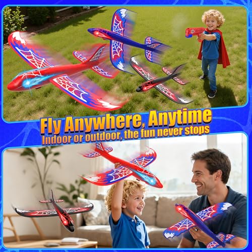 Cool Airplane Launcher Toy with Glowing Eyes & Web-Pattern Wings,2 Flight Modes Outdoor Games for Kids,Boys Toys Age 3-12,Birthday Gifts for 3 4 5 6 7 8 9 10 11 12 Year Old,Kids Gift(Red&Blue&Black)