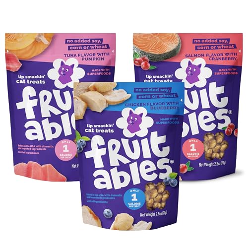 Fruitables Cat Treats - Crunchy Treats for Cats - Healthy Low Calories Packed with Protein - Free of Wheat, Corn and Soy - Made with Real Salmon, Tuna, Chicken - 2.5 Oz (3 Pk)