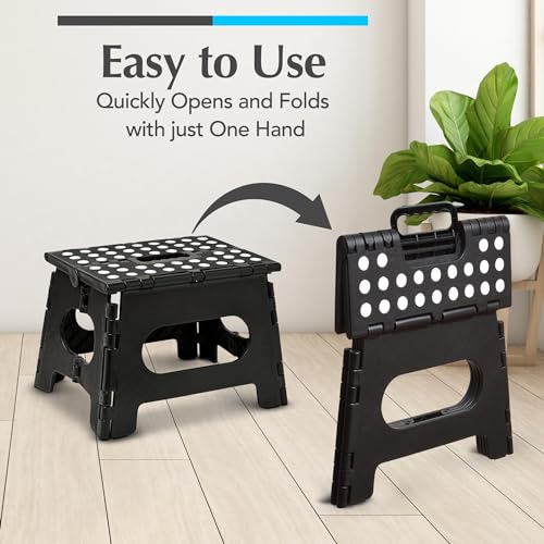 Handy Laundry Folding Step Stool - Sturdy Enough Collapsible Stool to Support Adults and Safe Enough for Kids - Opens Easy with One Flip - Great for Kitchen, Bathroom or Bedroom (Black - 9 Inch)