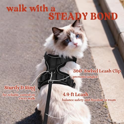 rabbitgoo Cat Harness and Leash for Walking, Escape Proof Soft Adjustable Vest Harnesses for Cats, Easy Control Breathable Reflective Strips Jacket, Black, XS