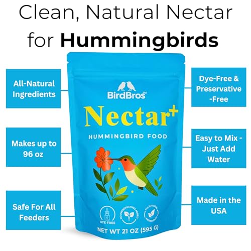BIRDBROS Hummingbird Nectar Powder Nectar+ Hummingbird Food for Feeders – All-Natural, Dye-Free, No Boil, Easy Mix – Pure Cane Sugar, Hummingbird Feeder Refill, Made in USA – Makes 96 oz