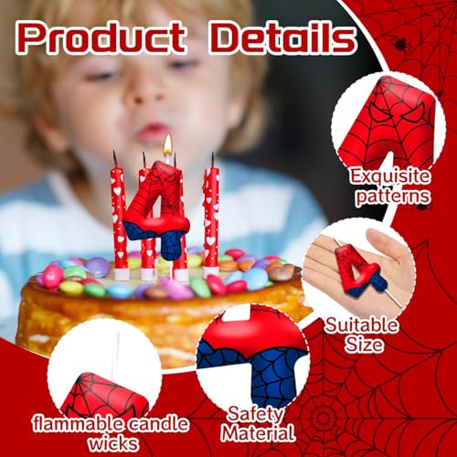 Spider Themed Birthday Candles Number 4 Red Blue Spider Web Themed Cake Topper Candle Party Decoration Birthday Party Celebrations Supplies Favors (Number 4)