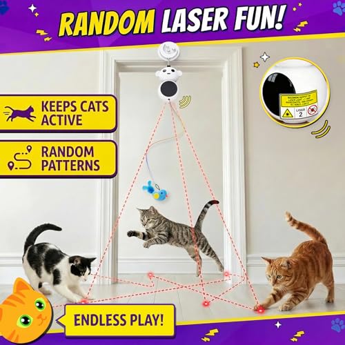 Interactive Cat Toys for Indoor Cats, 2-in-1 Laser Pointer Cat Toy with Automatic Flying Bird & Mouse Wand, Adjustable Speed USB Rechargeable Doorway Hanging Toy for Bored Kittens and Adult Cats