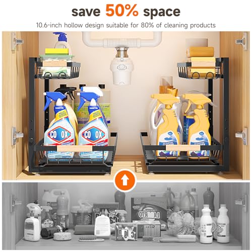 Sevenblue 2 Packs Under Sink Organizer, Height Adjustable 2 Tier Under Kitchen Sink Organizer, Multi-Purpose Storage Shelf for Kitchen Bathroom Cabinet (Black, Large)