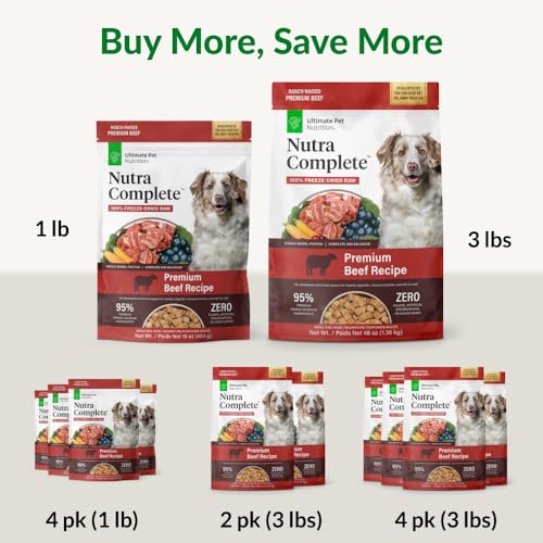 ULTIMATE PET NUTRITION Nutra Complete Freeze Dried Raw Dog Food, Veterinarian Formulated with Antioxidants, Prebiotics & Amino Acids (3 Pound, Beef)