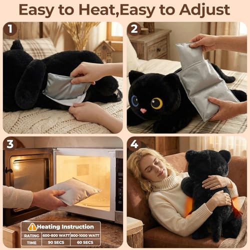 Mewaii Weighted Stuffed Animals 5 lbs Adjustable, Heated & Coolable 23 Inch Plush for Realistic Hug, Microwavable Removable Inner Pad, Cat Gifts for Adults & Kids (Black)