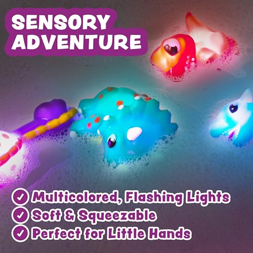 Tub Works® Dinos™ Dinosaur Light Up Bath Toys, 6 Pack | Water-Activated Light Up Toys Flash & Change Color | Easy-Grip Baby & Toddler Bath Toys | Sensory Bath Lights Watertight Bathtub Toys