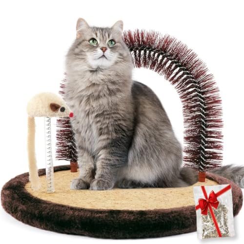 Happi N Pets Large Cat Self Groomer, Arch Grooming Brush with Heavy Wooden Scratching Pad, Rubbing Post & Toy, Cat Face Scratchers Body Massager, Cat Scratchers for Indoor Cats, Brown