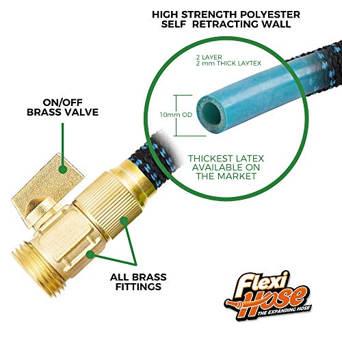Flexi Hose Expandable Garden Hose with 8 Function Nozzle, 50FT - Lightweight Retractable Garden Hose, Water Hose - No-Kink Flexibility, 3/4 Inch Solid Brass Fittings and Double Latex Core