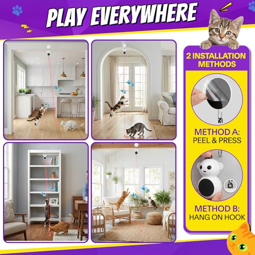 Interactive Cat Toys for Indoor Cats, 2-in-1 Laser Pointer Cat Toy with Automatic Flying Bird & Mouse Wand, Adjustable Speed USB Rechargeable Doorway Hanging Toy for Bored Kittens and Adult Cats