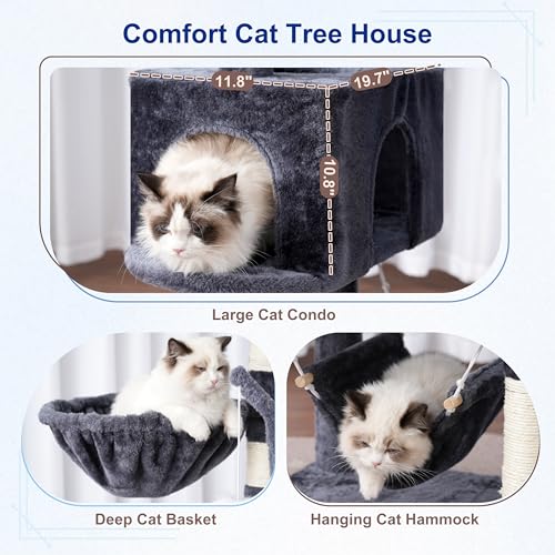 Gitelsnour Cat Tree, Cat Tower for Large Cats with 2 Big Platforms, 2 Baskets, condo and Toys, 63" Cat Scratching Posts for Indoor Cats, Smoky Gray GCT020G