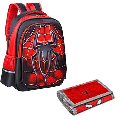 Red Superhero Wallet and Red Kids Backpack Gift Set | 12”x16”x6” Children's School Bags & 5”x10” Kids Wallet for Boys and Girls with Spidey Movie Theme - Back-To-School Bags