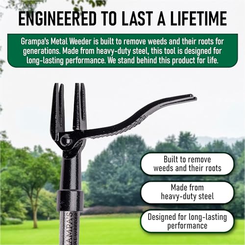 Grampa's Metal Weeder - Stand Up Weed Puller Tool with Steel Long Handle - Made with All Steel Handle & 4-Claw Steel Head - Easily Remove Weeds Without Bending, Pulling, or Kneeling (Green)
