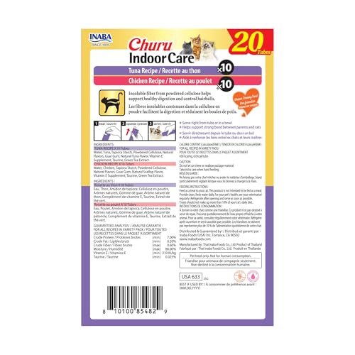 INABA Churu Indoor Care for Hairball Control, Functional Lickable Cat Treat with Taurine & Green Tea Extract, 0.5oz Each, 20 Tubes Total, Tuna & Chicken Variety