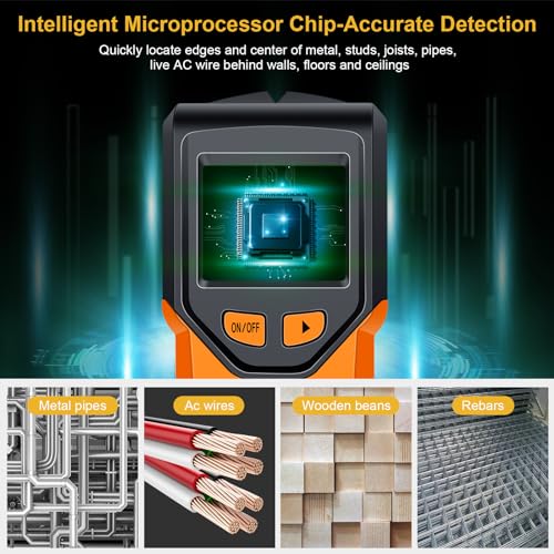 Stud Finder Wall Scanner - 5 in 1 Stud Finder Tool w/Smart Chip and HD LCD Display, Stud Detector Beam Finders for the Center and Edge of Wood AC Wire Metal Studs Joist Pipe (Orange Juice)