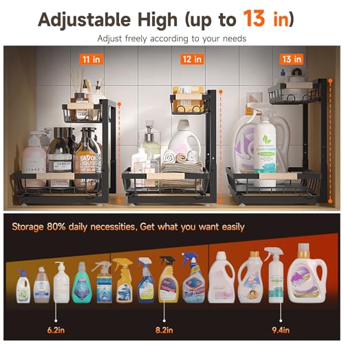 Sevenblue 2 Packs Under Sink Organizer, Height Adjustable 2 Tier Under Kitchen Sink Organizer, Multi-Purpose Storage Shelf for Kitchen Bathroom Cabinet (Black, Large)