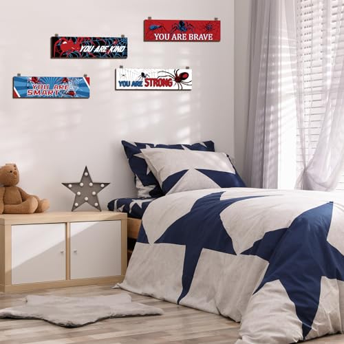 Geetery 4 Pcs Spider Room Decor Bedroom Boys Wall Decor Inspirational Wall Decoration Wooden Art Prints for Boys Kids Children Home Indoor Decoration Toddler Room Sign Birthday Gifts