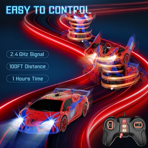 Qumcou Spider Toys, One-Button Transform Superhero Remote Control Car, 2.4Ghz RC Cars, 360° Spin 1:16 Scale Car Toys, Shining Red and Blue Light, Birthday Gifts for 3 4 5 6 7 8 9 10 Years Old Boys