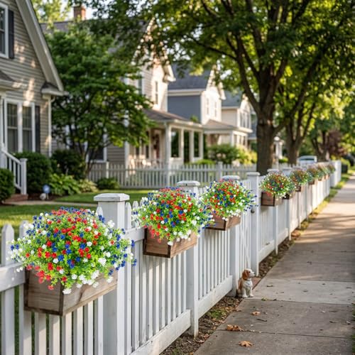 Hananona 12 Pcs Artificial Flowers Outdoor, Faux Artificial Plants UV Resistant Plastic Patriotic Flower Bulk for 4th of July Hanging Planter Porch Window Home Summer Decor 12, Red, White, Blue