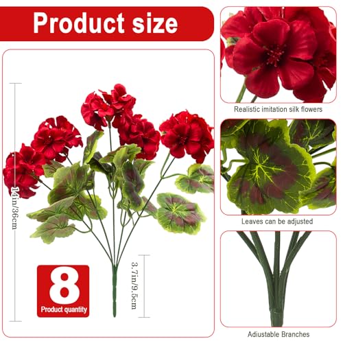 lovemoon 8 Pcs Artificial Geranium Plant Realistic Silk Flowers for Outside UV Resistant Faux Geraniums Flowers for Indoor Outdoor Home Garden Office Decoration (8, Red)