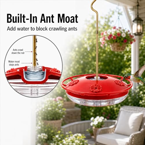eWonLife Hummingbird Feeders for Outdoors, 2 Pack 16 oz Leak-Proof Dish-Style Humming Bird Feeder with Built-in Ant Moat, 5 Bee Proof Feeding Ports, Easy Clean, BPA Free Plastic, Hanging Garden Decor