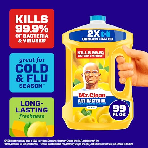Mr. Clean Antibacterial All Purpose Cleaner, Floor Cleaner for Mopping Home, Bathroom, & Kitchen, Cleaning Liquid for Mop & Bucket, Cleaning Supplies, Multi-Surface Dilutable, Lemon, 99oz