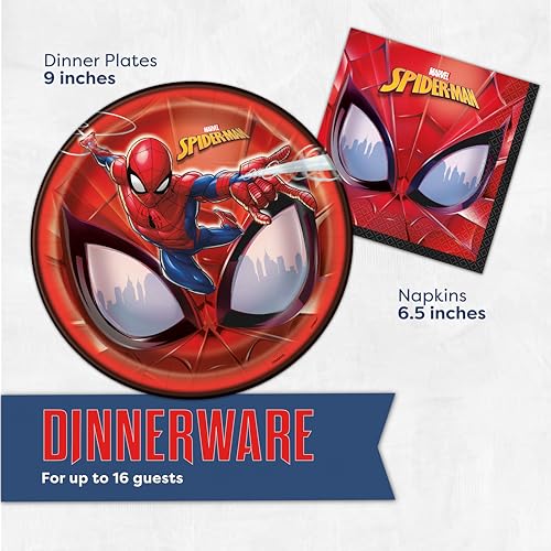 Spiderman Birthday Decorations | Spiderman Party Supplies | Serves 16 Guests | Marvel Superhero Spidey and His Amazing Friends | Table Cover, Spider Man Banner, Plates, Napkins, Masks and Button |