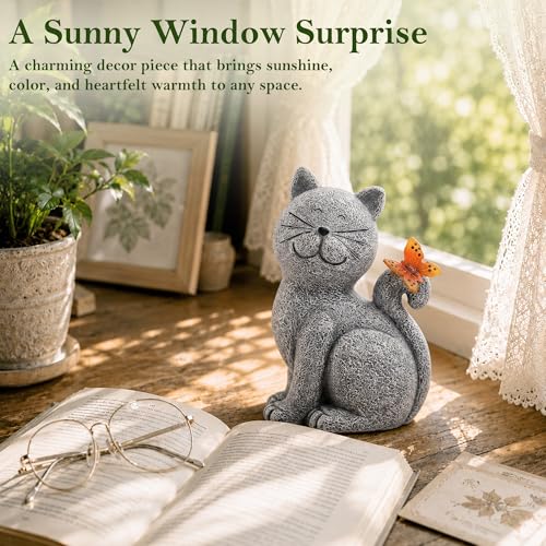 Cat Outdoor Statues for Garden with Solar Butterfly | IP65 Waterproof,Outside Decor, Yard Art Lawn Ornaments, Porch Patio Balcony Home House, Gifts for Mom Grandma Women