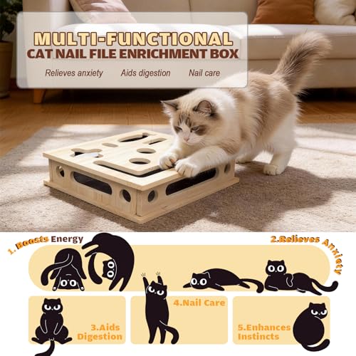 Cat Scratch Puzzle Enrichment Box, Large Solid Wood Construction Cat Nail File Enrichment Box with Sandpaper Inside, Cat Nail File Box Stress Free Alternative to Clippers and Grinders(No Bell Ball)
