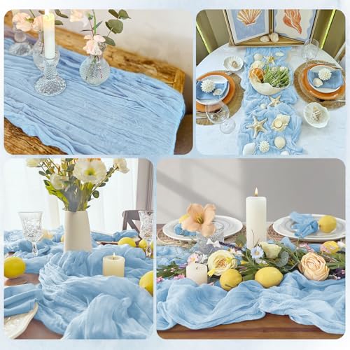 12 Pack Baby Blue Cheesecloth Table Runner 17x108 Inch Semi Sheer Boho Gauze Cheese Cloth Fabric Table Runners, for Wedding Party Baby Shower Birthday Home Decor Garden Farmhouse
