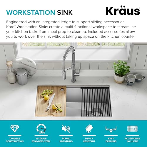 KRAUS Kore 32-Inch Undermount Workstation 16 Gauge Single Bowl Stainless Steel Kitchen Sink with Accessories, KWU110-32