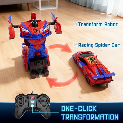 Qumcou Spider Toys, One-Button Transform Superhero Remote Control Car, 2.4Ghz RC Cars, 360° Spin 1:16 Scale Car Toys, Shining Red and Blue Light, Birthday Gifts for 3 4 5 6 7 8 9 10 Years Old Boys
