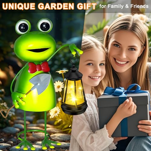 Solar Garden Lights 13.78in Tall Metal Frog Statue with Solar Lantern Decor | Big Frog decor,Birthday Gifts for Women Mom,Fairy Garden Accessories Decorative Stakes for Home decor,Patio,Porch,Yard Art