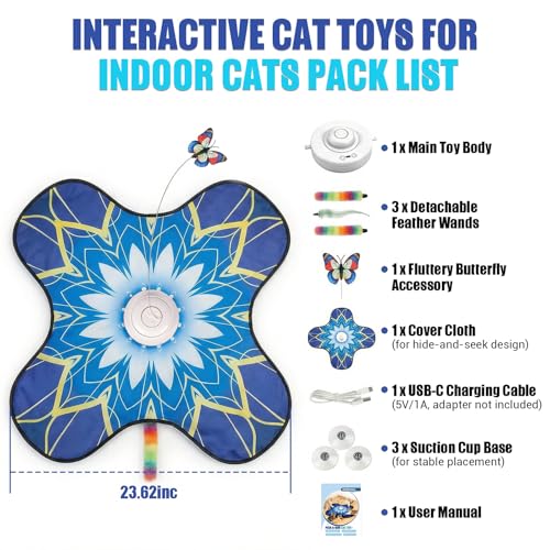 Interactive Cat Toy for Indoor Cats, Touch Activated Automatic Electronic Cat Toy with Sound On/Off, Dual Wands, Non-Slip Suction Cups, Rechargeable Hide and Seek Cat Play Mat for Bored Adult Kittens